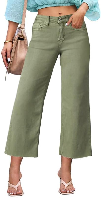 Allimy Women's High Waisted Straight Ankle Wide Leg Ripped Jeans Frayed Hem Stretchy Capri Denim Pants - Image 2