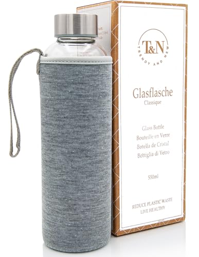 T&N Bouteille en verre 550ml - Gourde boisson avec couvercle en néoprène - Bouteille étanche - Bouteille en verre borosilicaté plus épais pour eau...
