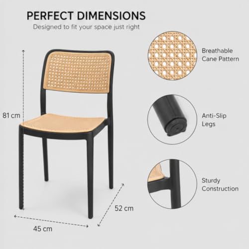 Image of NARSA Modern Rattan Style Dining Chair for Home & Cafe | Cane Pattern Plastic Chair with Ergonomic Backrest | Lightweight & Durable Indoor Outdoor Seating Chair (Black, Armless, Set of 2)