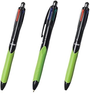 3 x BIC 4-Colour Retractable Ballpoint Pens with Ergonomic Grip & Stylus, 0.4mm Nib, Black, Blue, Red & Green Ink Colours (OEM Packed - Non-Retail Packaging)