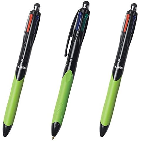 3 x BIC 4-Colour Retractable Ballpoint Pens with Ergonomic Grip & Stylus, 0.4mm Nib, Black, Blue, Red & Green Ink Colours (OEM Packed - Non-Retail Packaging) Cover