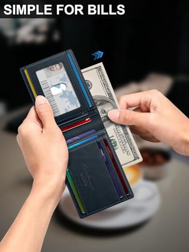 Image of Contacts Slim Leather Bifold for Men | RFID Blocking Card Holder with ID Window | Holds 13-17 Cards, Large Cash Slot | Thin Minimalist Front Pocket Design | Gift for Men (Blue)