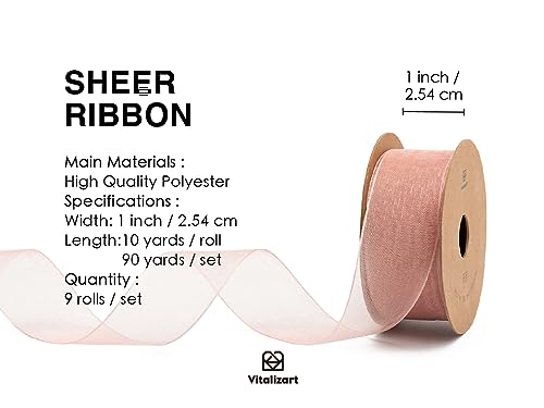 Vitalizart Organza Ribbon Mixed 9 Colours 1'' x 90YD, Sheer Fabric for Crafting 9 Rolls*10YD - Image 2