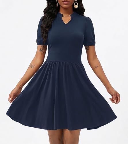 Image of Women's V Neck Summer Dress Puff Short Sleeve Flowy Stretchy Flowy Comfort Fit for Daily Wear Work Midi Casual Dresses