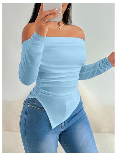 SweatyRocks Women's Long Sleeve Off The Shoulder Asymmetrical Ruched Slim Fit T Shirt Top3