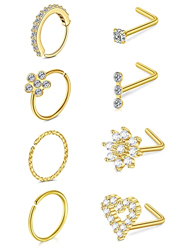 Longita Gold Nose Rings 20 Gauge Nose Studs Diamond Nose Rings Hoops Nose Rings for Women Surgical Steel Nose Rings Studs L Shaped Nose Stud Cute Nose Piercing Jewelry