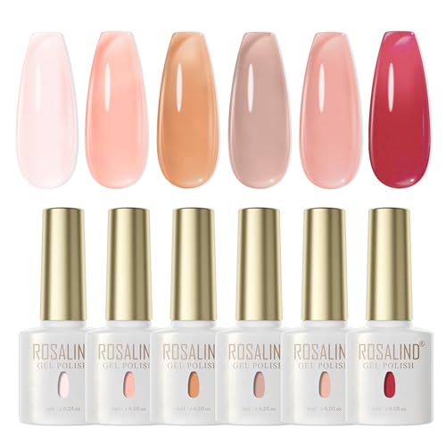 ROSALIND Jelly Pintauñas Semipermanentes 6pcs Set, Transparente Rojo, Rosa Claro, Naranja Claro Jelly Effecto Gel Nail Polish UV/LED Soak off Esmalte Set para Principiantes, Profesionales Manicura