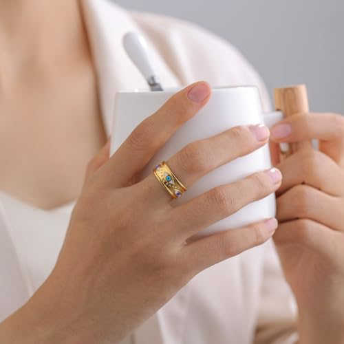 Evil Eye Ring For Women, Trendy Boho Open Sun Flower Adjustable Stainless Steel Non Tarnish Floral Stackable Engagement Statement Birthday Jewelry Gift2