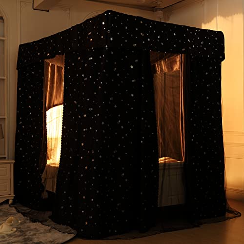 Obokidly Elegant Black With Star Pattern 100% Lightproof 4 Corner Post Bed Curtain Bedroom Decoration For Adults Girls Boys Bed Canopies Child Gift (King, Black-Star-1 Set Bed Canopy) #TOP2