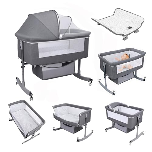 Image of sxvbdway Bedside Bassinet Baby Crib, Baby Bassinets Bedside Sleeper with Large Curvature Cradle, Height Adjustable, Movable Bedside Crib with Mosquito Net and Wheels, Load-Bearing 22.04 Pounds 1 Set | with Changing Table, Adjustable Height, Breathable Material, with Mosquito Net, Universal Caster