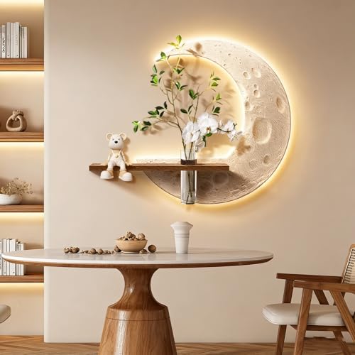Image of ATCKCALB 3D LED Wall Art - Moon Sandstone Texture Wall Decor with Wooden Shelf & Vase, Modern Glowing Wall Art for Living Room Entryway(B,45 * 30cm/17.7 * 11.8in,With Light)