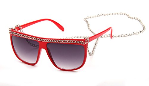 Women Flat Top Oversized Retro Chain Sunglasses w/Metal Chain on Top & Neck