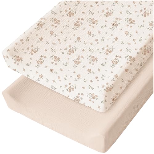 Image of Konssy Muslin Changing Pad Cover for Baby Girls Boys, 100% Cotton Fitted Diaper Chang Table Covers, Soft Breathable Changing Pad Sheets, 2 Pack (Blossom, Cream)