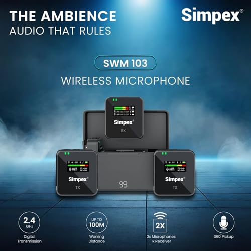 Image of Simpex SWM-103, 2-in-1 Wireless Microphone System with 100M Range, 12hrs of Work time, LCD Screen on All The Units, Plug and Play, Noise Cancellation, Compatible with Smartphones and Camera