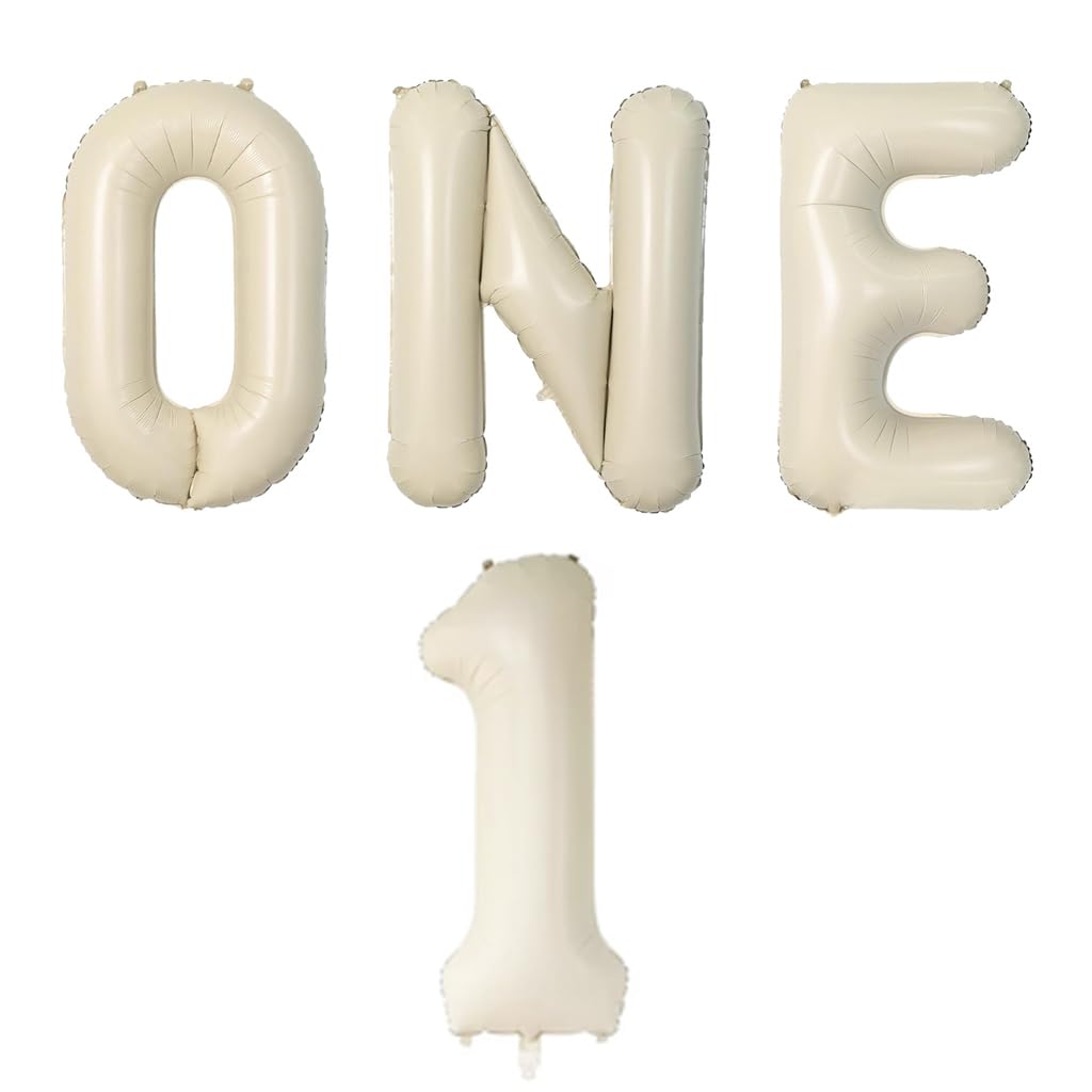 4 Pcs One Balloon Set Beige 40 Inch ONE Letter Balloon and 1 Number Balloon Big Cream White Large Balloons for 1st Birthday Decorations Boys Girls Pet