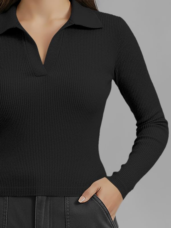 Image of Dream Beauty Fashion Women's Collared Neck Long Sleeve Slim Fit Casual Tee Top for Woman