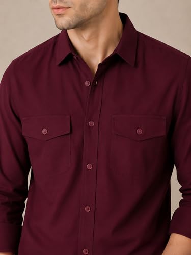 Image of Veirdo Men's Pure Cotton Utility Shirt | Full Sleeve Casual Button-Down with Dual Chest Pockets | Stylish & Comfortable Everyday Wear | Colors: Beige, Black, Maroon, Olive, Rust & White