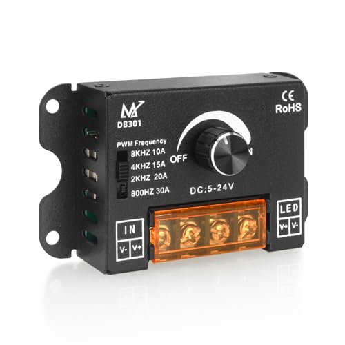 Taoellen Frequency Adjustable PWM LED Dimmer,LED Light Strip Dimmer, 30A DC 12V-24V No Flicker LED Strip Dimming Controller with Knob, for Single Color 5050 3528 5630 LED Lights