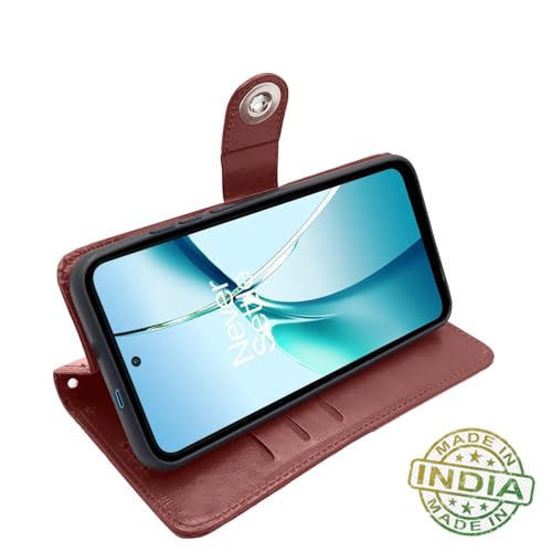 Image of Pikkme Flip Cover Leather Finish | Inside TPU with Card Pockets | Wallet Stand and Shock Proof | Complete Protection Button Flip Case for OnePlus Nord CE 4 Lite 5G (Brown)