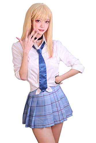 Sono Bisuku Doru wa Koi wo Suru Kitagawa Marin Cosplay Disfraz Kisekoi Uniforme Camisa blanca, falda plisada, corbata y collar, accesorios para mujer, traje japonés Gyaru Gal Cover