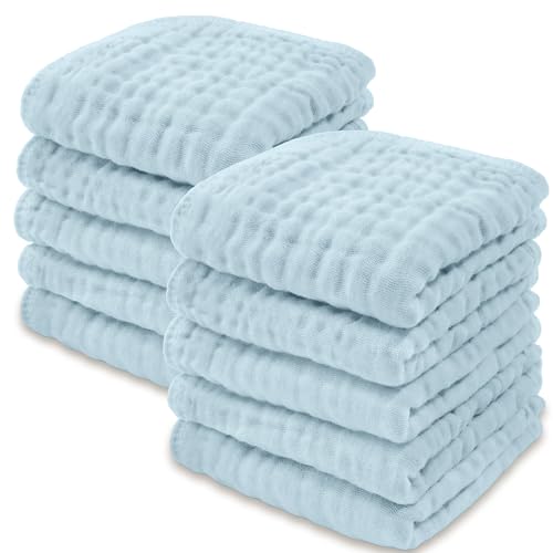 Image of Comfy Cubs Muslin Baby Washcloths 10 Pack - Soft 6-Layer Cotton Wash Cloths for Sensitive Skin - 10"x10" Large, Gentle, Absorbent Infant Essentials for Newborn and Toddlers - (Sky Blue)