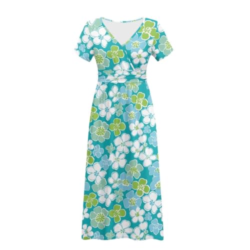 Image of Women's Fall Summer Short Sleeve Ankle Length V-Neck Party Dress with Pockets Size S-3XL