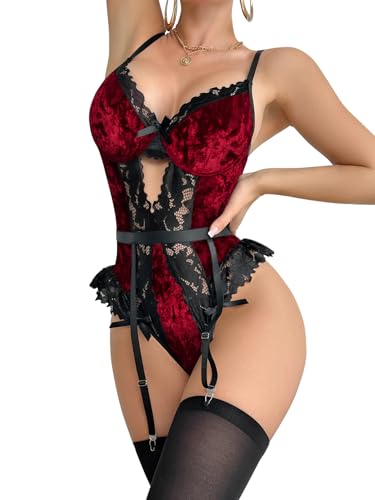 Image of Lilosy Sexy Stocking Lace Mesh Bodysuit Top Underwire Garter Lingerie Set 3 Piece