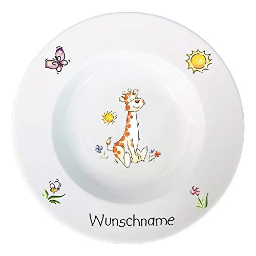 Kindergeschirr Kinderservice 5-tlg. Kinder Service Set aus Porzellan Teller Becher Schale personalisierbar mit Wunschname Name Kindergeschirr mit Namen personalisiert (Giraffe)