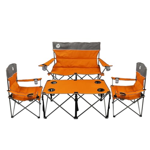 Northroad Folding Camping Chair Set of 4, Portable Collapsible Conversation Set w/1 Sofa, 2 Single Chairs, 1 Table for Family Patio, Outdoor Travel, Beach(Orange)