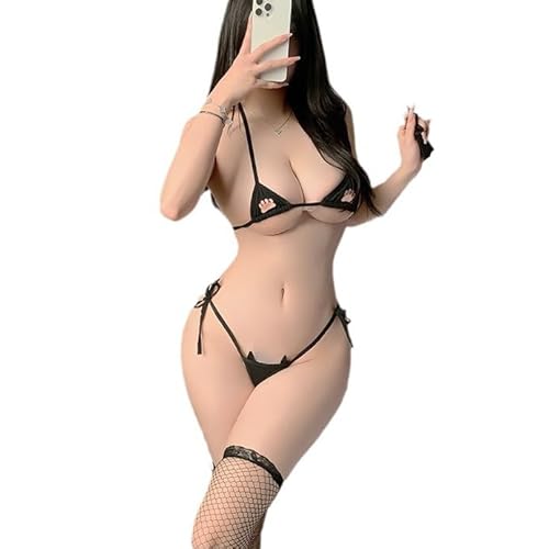 Womens Micro Bikini Set Kawaii Lingerie Anime Bikini Cosplay Lingerie Cute Cat Bra and Panty Sexy Swimsuit - Black