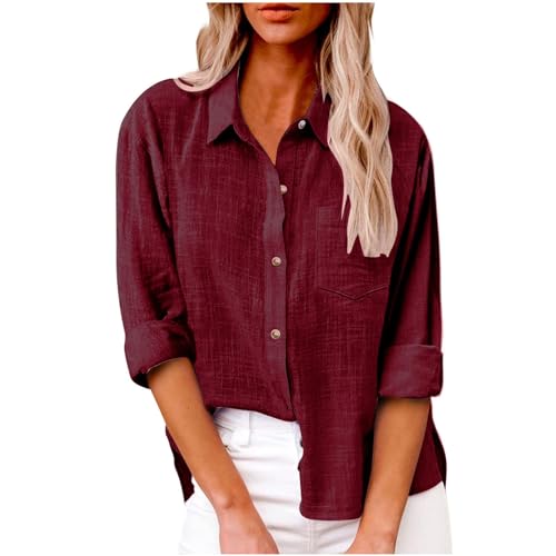 Cotton Linen Shirts for Women 3/4 Sleeve Button V Neck Blouses Su...