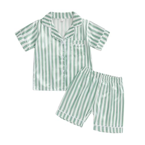Douhoow Kids Toddler Baby Girls Pajamas Silk Satin Short Sleeve Botton Down Shirt Tops Shorts Set Summer Sleepwear Lounge Pjs (Green Striped, 2-3 Years)