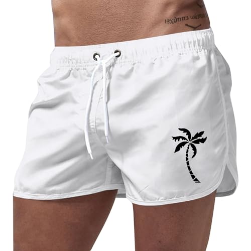 Mens Swimming Trunks 5 Inch No Liner Coconut Tree Print Quick Dry Board Shorts Drawstring Summer Swimsuits