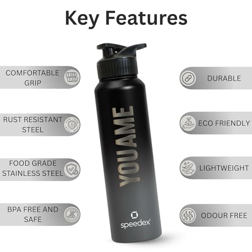 Image of Speedex Customised Stainless Steel Water Bottle 1 Ltr with Name - Personalised Engraved Sipper Cap Bottle for Kids, Men & Women, School, Gym, Office Black Grey, Set of 1
