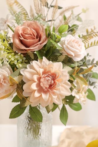 Serra Flora Faux Flowers with Vase,Artificial Silk Roses in Vase,Table Centerpieces for Dining Room, Silk Flower Arrangements for Home, Living Room Bathroom Plant Decor, Centerpiece Table Decorations