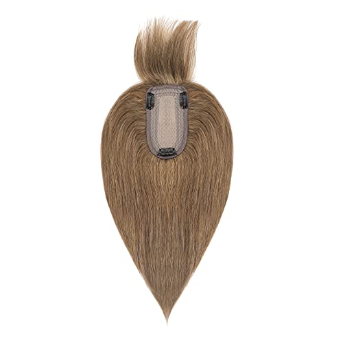 SEGO 150% Density Human Hair Toppers for Women With Bangs Silk Base 100% Remy Human Hair Pieces Clip in for Slight Hair Loss Thinning Hair Cover Gray Hair -6 Inch Light Brown