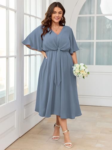 Image of SCOMCHIC Women Plus Size Midi Dresses Wedding Guest Short Sleeve V Neck Tie Waist Casual Summer Flowy A Line Dress