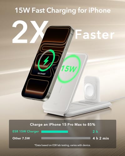 Image of ESR 3 in 1 Charging Station for Apple, [Certified] Apple Watch Charger & 15W MagSafe Charger Stand for iPhone, Travel Charger for Multiple Devices, iPhone 17-12, Watch & AirPods, White
