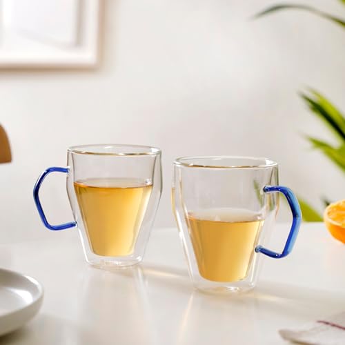 Image of Nestasia Double Wall Borosilicate Glass Mugs Set of 2 (250ml Each) - Microwave & Dishwasher Safe Transparent Glass Tea Cups with Blue Handles | Food Safe & Durable Coffee Mugs - Ideal for Gifting