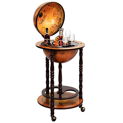 COSTWAY Bar Globe Terrestre Vintage, Mappemonde en Bois d&rsquo;Eucalyptus, Porte-Bouteilles 16e Siècle, Ajout Une Décoration Rustique pour Votre Maison