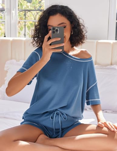 Image of Ekouaer Women's Waffle Knit Two Piece Lounge Set, Soft Matching Outfits for Daily Wear, Casual Shorts Set with Pocket