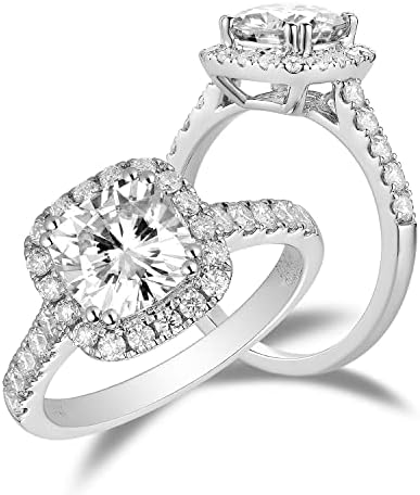 DovEggs Solid 14K White Gold Center 2ct 7.5mm G-H Color Cushion Cut Created Moissanite Halo Engagement Ring Bridal Sets with Accents for women