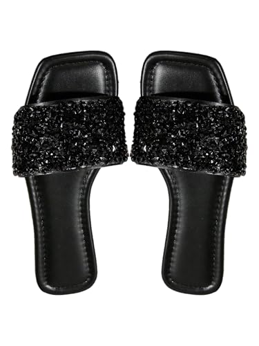 BEAUDRM Womens Sparkly Dressy Flat Sandals Glitter Jeweled Pearls Beaded Slippers Open Toe Slide Shoes Black 8.5