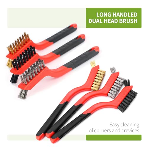 Image of Wire Brush Set, 6 Packs Brass Stainless Steel Nylon Wire Brushes Kit for Cleaning with Curved Handle Grip for Rust Removal, Wire Brushes for Cleaning Rust, Paint Scrubbing, Polishing