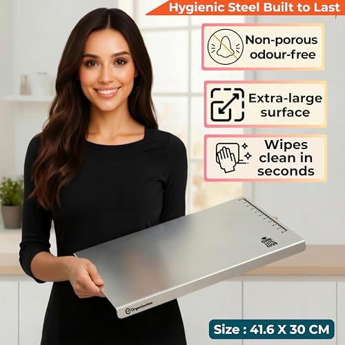 Image of Stainless Steel Chopping Board Large (42 cm x 30 CM), Steel Chopping Board for Kitchen Large,(with Rolling Pin) Rust-Proof Cutting Board with Anti-Countertop for Meat and Vegetables(Platform Medium)