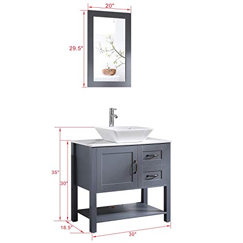 30" Gray Bathroom Vanity and Sink Combo Marble Pattern Top w/Mirror Faucet&Drain