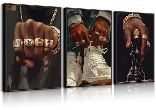 3Pcs Hip Hop Black Men Wall Art Urban African American Man Wall Decor Fashion Male Prints Boss Rings Pictures King Chess Gold Chain Street Painting for Living Room Bedroom12x16in Unframed Posters