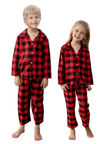 Schbbbta Kids Plaid Pajamas Set, Girls Boys 2 Pcs Pajamas Set Long Sleeve Sleepwear Button Down Pjs Red Black