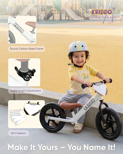Image of KRIDDO Toddler Balance Bike 2 Year Old, Age 24 Months to 5 Years Old, 12 Inch Push Bicycle with Customize Plate (3 Sets of Stickers Included), Gift Bike for 2-3 Boys Girls, White