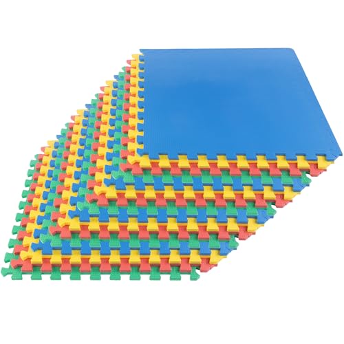 EVA Foam Mat Tiles 16-Pack - 64 SQ FT Interlocking Padding for Playroom or Gym Flooring - Exercise Mat or Baby Playmat by Stalwart (Multicolor)